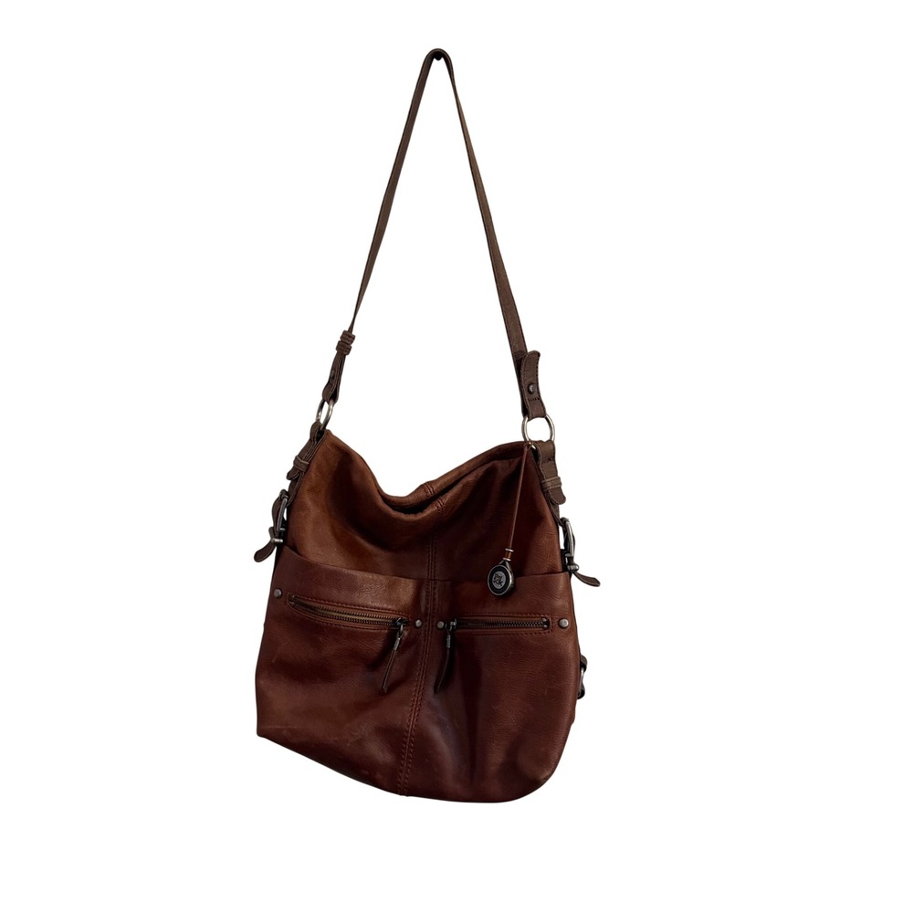 The Sak Brown Leather Hobo Shoulder Bag Exterior Zip Pockets Logo Charm